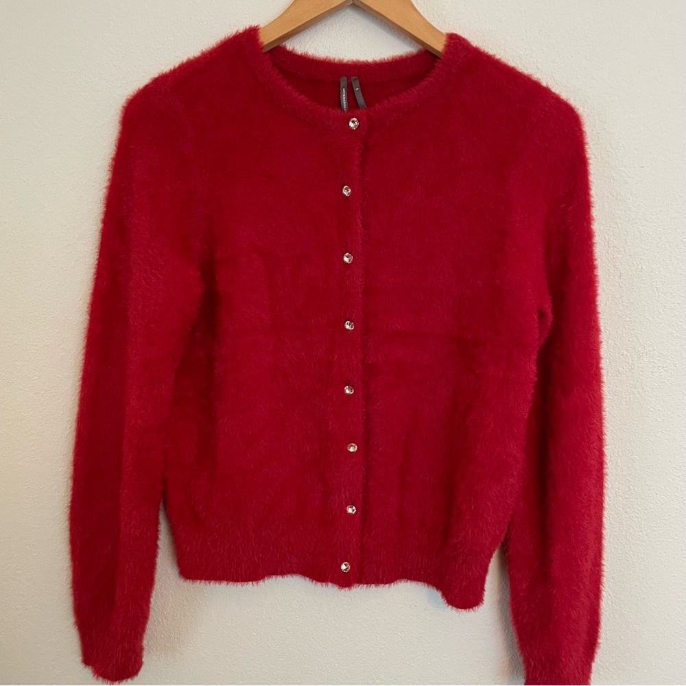 Anthropologie Juliet Plush Sweater Sz S Red Rhinestone Buttons Fuzzy Cozy